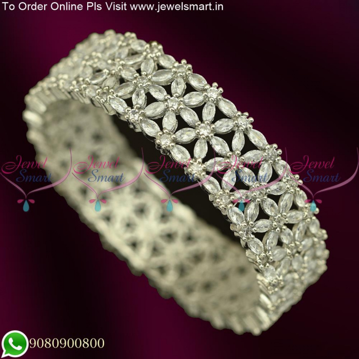 White Marquise Sparkling CZ Broad Bangles Diamond Silver Finish