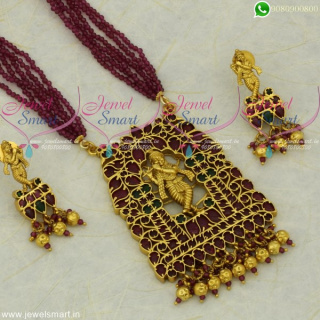 1 Gram Gold Temple Jewellery Lord Krishna Design Crystal Mala Set Kemp Stones  NL21740
