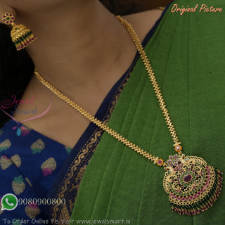 2 Line Crystal Drops Gold Chain Necklace Set with Jhumkas – Red & Green Beads, Handmade Traditional Jewellery