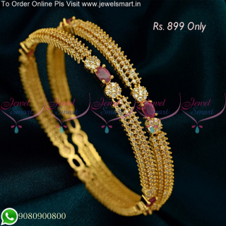 3 Line CZ Stones Floral Design CZ White Ruby One Gram Gold Bangles B25322