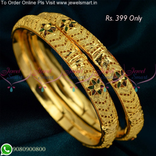 Broad Inner Smooth Emboss Floral Meenakari One Gram Gold Bangles B25327