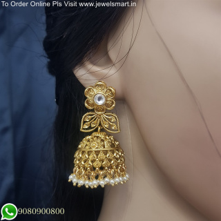 Vintage Floral Design Antique Gold Jhumka Earrings: Add a Touch of Charm to Your Look J25644