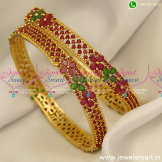 3 Line Glimmering Ruby and Emerald One Gram Gold Bangles Design Latest Covering Jewellery B24777