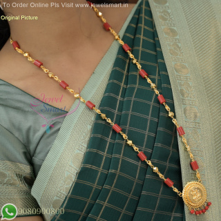 30-Inch Cylinder Coral Beads Chain with Temple Pendant - Gold Plated Traditional Jewellery NL27076