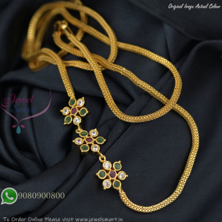 30 Inches Gold Plated Mugappu Chain with Floral Kemp and CZ Stone Design C27424