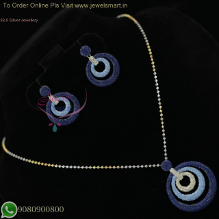 92.5 Silver Multi-Tone Fancy Ball Chain with Blue CZ Pendant and Earrings NL27008