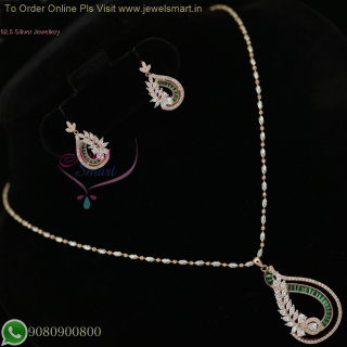 92.5 Silver Fancy Beads Chain with CZ Stone Pendant and Earrings Set - Latest Designs NL27005