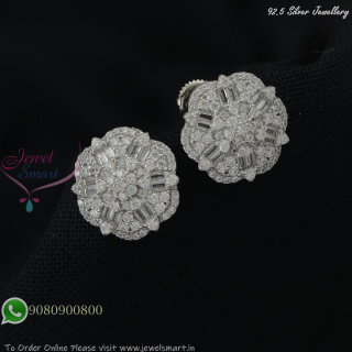 92.5 Silver Floral Ear Studs with Screw Back – Sparkling CZ Designer Earrings SE27363