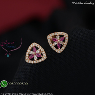 Triangular CZ Stud Earrings with Green or Pink Accents – 92.5 Silver, Rose Gold, 10mm SE27370