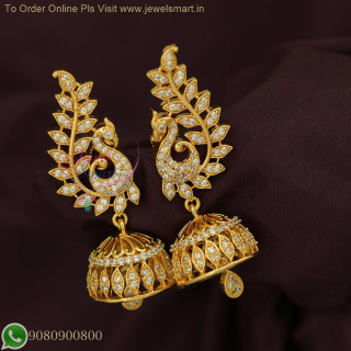 AD Jhumkas with White Stones - Peacock Design South Screw Earrings, Buy Online J16259N