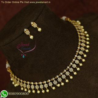 Affordable CZ Stones Necklace set with Pearls Dull Gold Plated
