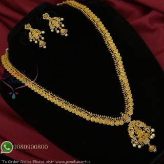 Gold Plated Lakshmi Kasu Mala Temple Necklace Set with Earrings – Traditional Coin Jewelry Design NL27339