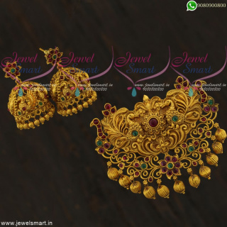 Antique Big Size Peacock Matte Finish Pendant Set Jhumka Double Naka Online PS21737