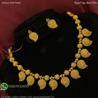 Antique Dull Gold Plated Traditional Necklace Set with Paisley Design and Push Lock Earrings NL27475
