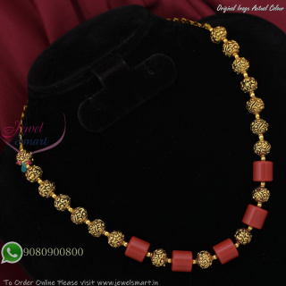 Antique Gold Finish Beaded Necklace with Red Tube Stones – Traditional Style NL27387