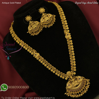 Antique Gold Matte Finish Long Necklace Set with Temple Pendant and Push Lock Earrings NL27476