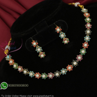 Antique Gold-Plated Multicolor Stone and Pearl Floral Necklace Set with Earrings NL27359