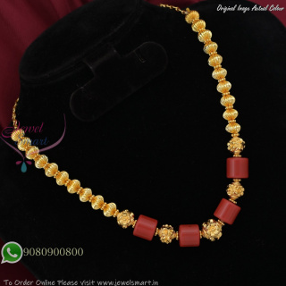 Gold Plated Designer Necklace with Red Tube Stones and Ribbed Beads – Traditional South Indian Style NL27389
