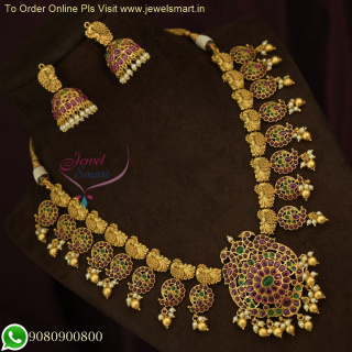 Exquisite Antique Gold Necklace with Peacock-Inspired Design and Real Kemp Stones NL24618N