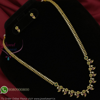 Antique Gold Plated Mango Mala Long Necklace Set with Earrings – Enamel Floral Design & CZ Stones NL27341