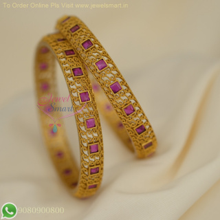 Antique Gold Plated Ruby & Emerald Stone Bangles - Traditional Designer Jewelry B26993