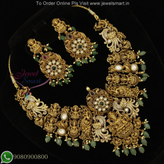 Antique Gold Plated Temple Necklace with Lakshmi and Peacock Motifs NL27219