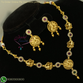 Antique Gold Temple Necklace Set with Coin and Elephant Design – Affordable Bridal Jewellery NL26965