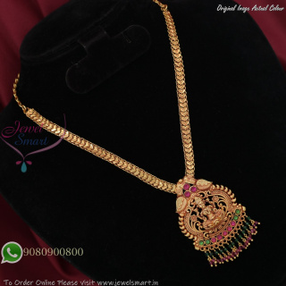 Antique Temple Haram with Lakshmi Pendant & Crystal Bead Drops – Reddish Gold Finish NL27383