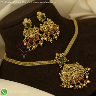 Attigai Style Coral Temple Necklace Set with Matching Earrings - Latest Antique Gold Temple Jewellery Inspired NL27113