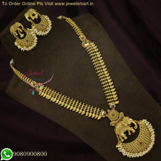 Bahubali-Inspired Temple Long Necklace Set with Chandbali Antique Gold Earrings - Special Offer Price NL26252