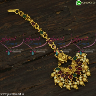Beautiful Temple Jewellery Kemp Maang Tikka For Bride Golden and Pearl Drops
