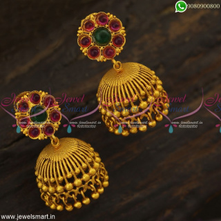 Beautiful Matte Finish Jhumkas Online Kemp Red and Green Stones Medium Size J23315