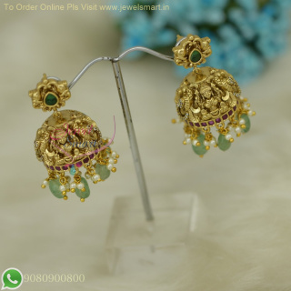 Beautiful Temple Jhumka Earrings with Jade Green Glass Beads & Pearls | Antique Gold Plated Traditional Jewellery NL26826