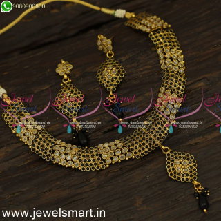 Black and Dull Yellow Polki Stones Antique Fashion Jewellery Set Low Price NL24085