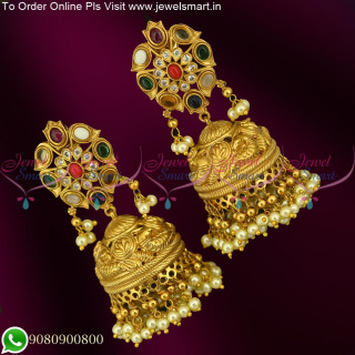 Broad Heavy Navratna Stones Jhumkas Online Antique Gold J25387