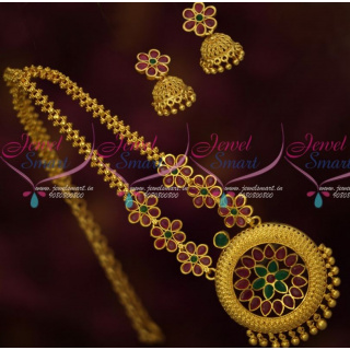 Fancy Color Stones Gold Necklace Design With Trendy Jhumkas Online PS15212A