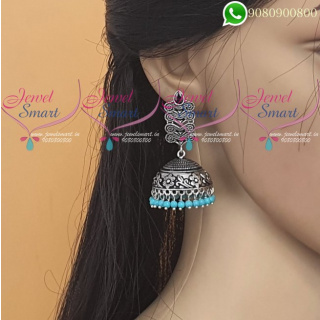 Colour Beads Silver Plated Jhumka Earrings Black Oxidised Jewellery J24713