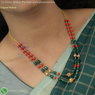 Coral and Green CZ Crystals Double Layered Beads Mala – Elegant Short Necklace Design NL27077