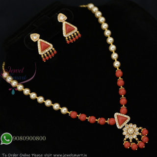 Coral Beads and Pearl Designer Necklace Set with Earrings – Gold Plated CZ Pendant