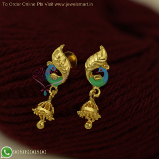 Cute Small Peacock Jhumka Earrings with Gold Inspired Meenakari Work - Lightweight Collections at Best Prices J26831