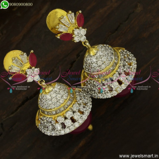 CZ Jimikki Kammal Designs Latest Ruby White Stones Jhumkas Online J23761