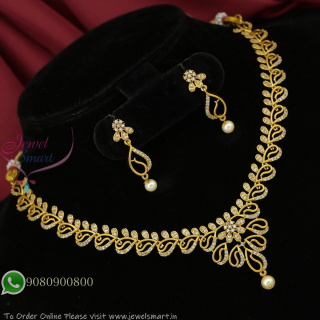 Dull Gold Plated CZ Leaf Design Necklace Set With Earrings & Pearl Drops – Diamond Look Jewellery NL27354
