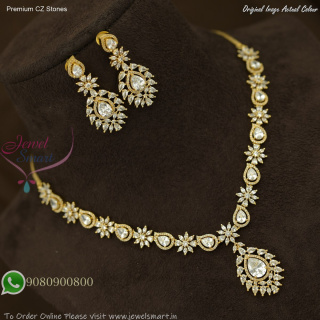 Gold Plated CZ Pendant Necklace Set with Premium Stones and Push Lock Earrings NL27478
