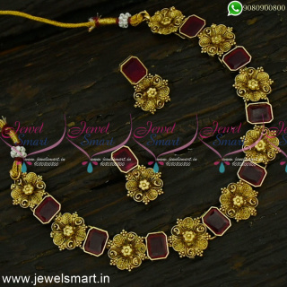 Delicate Floral Mild Gold Square Stone Stylish Necklace Set Colour Options NL24849