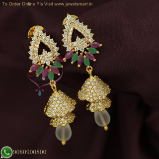 Double Layer CZ Jhumka Earrings - Ruby Emerald Marquise, Gold & Silver Dual Tone, Buy Online J23752N