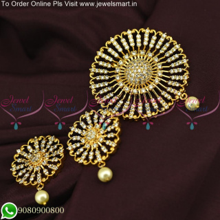 Sun Inspired White CZ Stones Pendant and Earrings Set Gold Plated PS25586