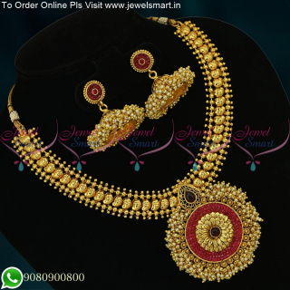 NL15318 Mango Design Necklace Pearl Jalar Pendant Square Stones Antique Jewellery Online