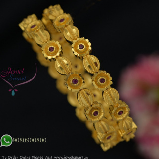 Traditional Floral Forming Gold Bangles With Ruby Stone Accent – Real Gold Replica B27319