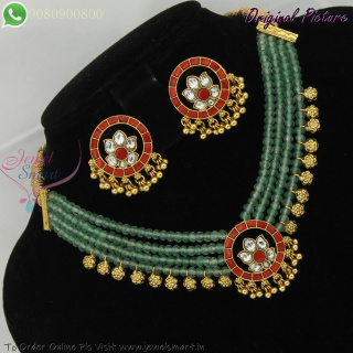 Jadau Kundan Pendant 3 Line Jade Green Crystal Choker Necklace Set Traditional Jewellery NL27296