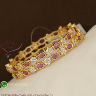 Gold Plated CZ Bangles with Red Oval Stones – Diamond Look Forming Jewellery B27320
